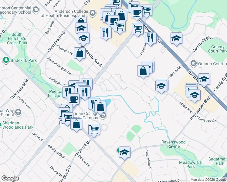 map of restaurants, bars, coffee shops, grocery stores, and more near 84 Bernard Avenue in Brampton
