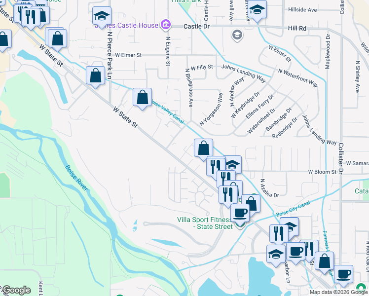map of restaurants, bars, coffee shops, grocery stores, and more near 4263 North Yorgason Lane in Boise