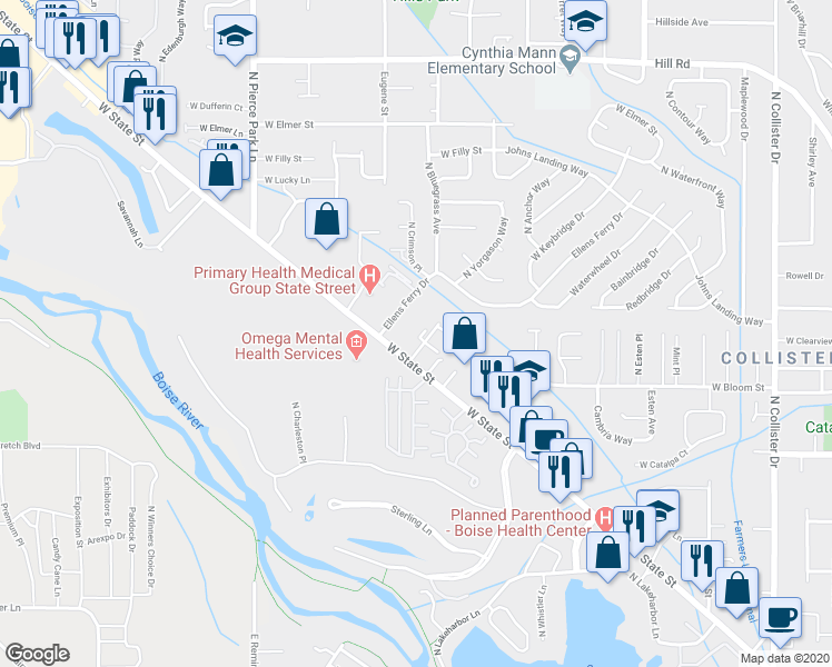 map of restaurants, bars, coffee shops, grocery stores, and more near 4263 North Yorgason Lane in Boise