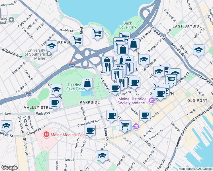 map of restaurants, bars, coffee shops, grocery stores, and more near 116 Forest Avenue in Portland