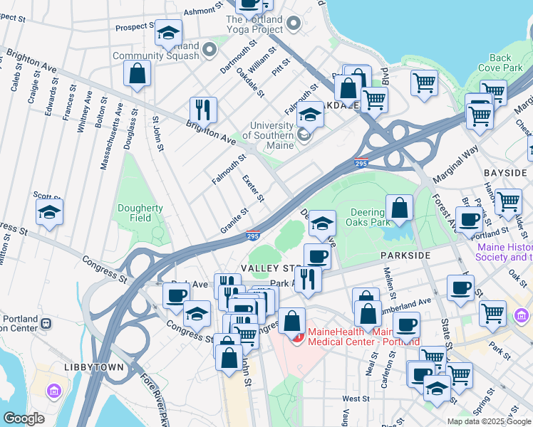 map of restaurants, bars, coffee shops, grocery stores, and more near 6 Exeter Street in Portland