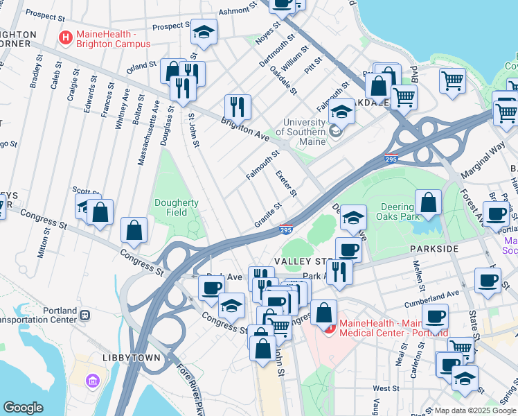 map of restaurants, bars, coffee shops, grocery stores, and more near 55 Roberts Street in Portland
