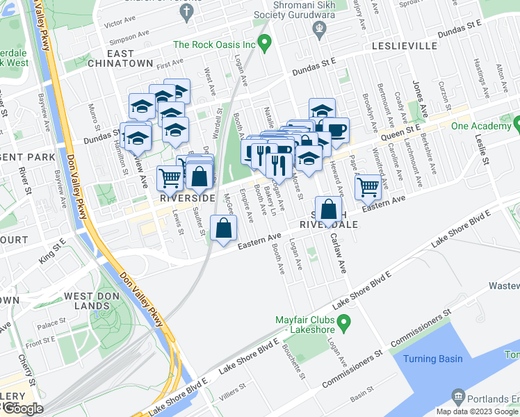 map of restaurants, bars, coffee shops, grocery stores, and more near 150 Booth Avenue in Toronto