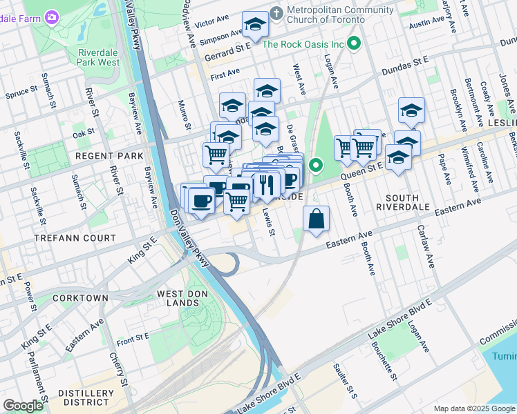 map of restaurants, bars, coffee shops, grocery stores, and more near in Toronto