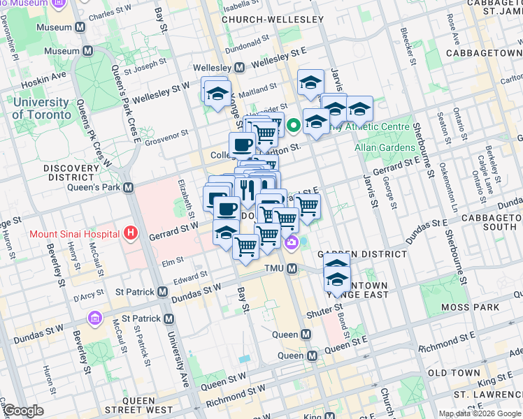 map of restaurants, bars, coffee shops, grocery stores, and more near in Toronto