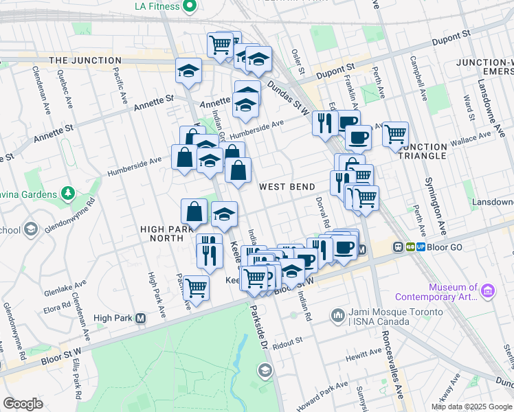 map of restaurants, bars, coffee shops, grocery stores, and more near in Toronto