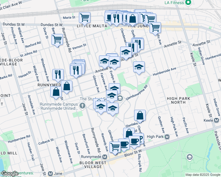 map of restaurants, bars, coffee shops, grocery stores, and more near in Toronto