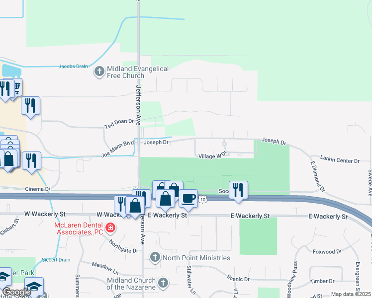 map of restaurants, bars, coffee shops, grocery stores, and more near 300 Joseph Drive in Midland