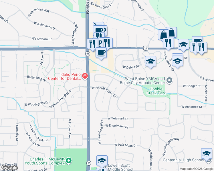 map of restaurants, bars, coffee shops, grocery stores, and more near 13603 West Edenbrook Drive in Boise
