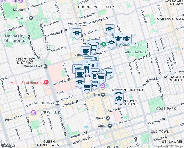 map of restaurants, bars, coffee shops, grocery stores, and more near 378 Yonge Street in Toronto