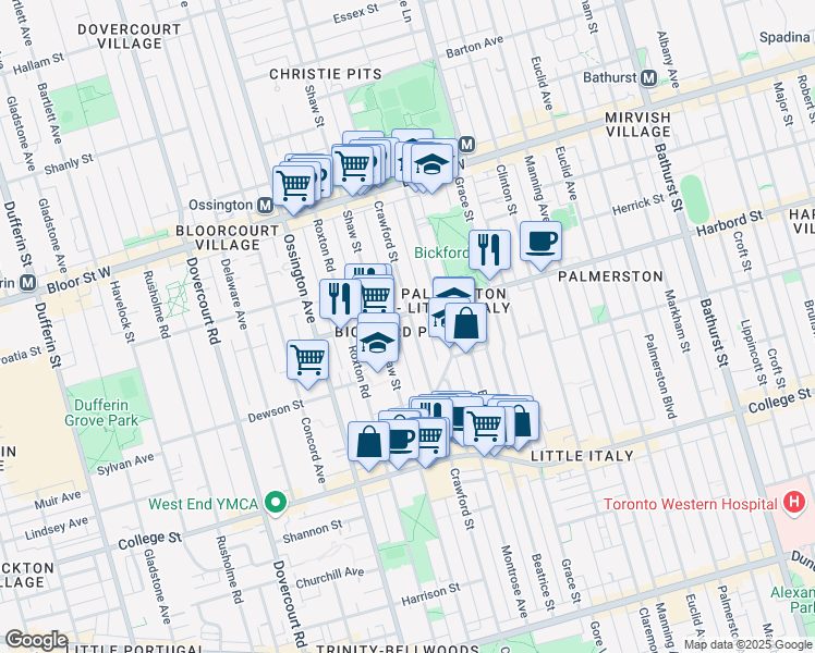 map of restaurants, bars, coffee shops, grocery stores, and more near 566 Crawford Street in Toronto