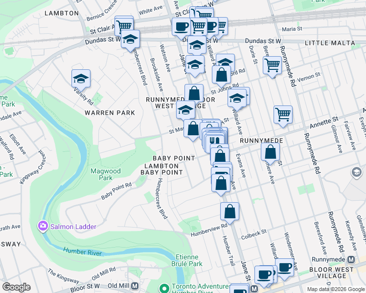 map of restaurants, bars, coffee shops, grocery stores, and more near 59 Brumell Avenue in Toronto