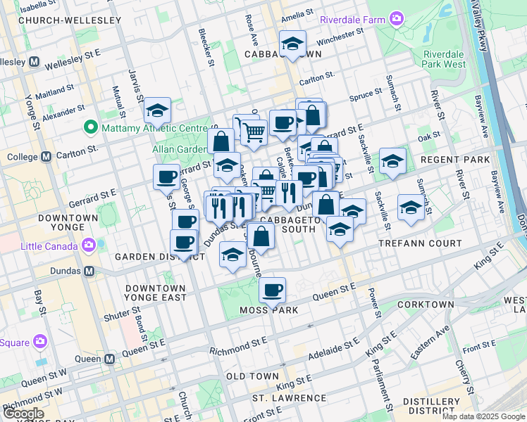 map of restaurants, bars, coffee shops, grocery stores, and more near 168 Seaton Street in Toronto