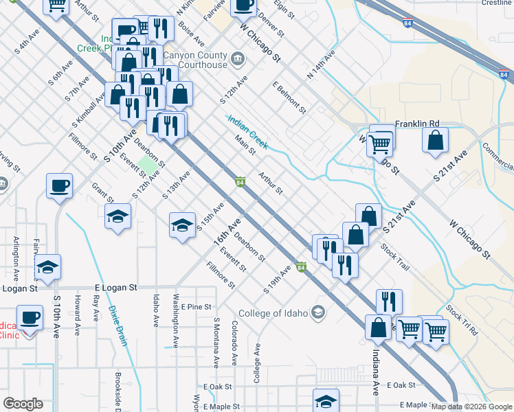 map of restaurants, bars, coffee shops, grocery stores, and more near 1602 Blaine Street in Caldwell