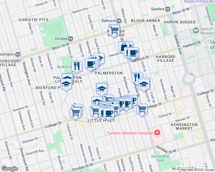 map of restaurants, bars, coffee shops, grocery stores, and more near 129 Ulster Street in Toronto