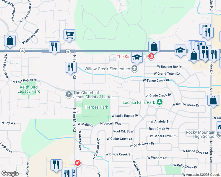 map of restaurants, bars, coffee shops, grocery stores, and more near 2796 West Lost Rapids Drive in Meridian