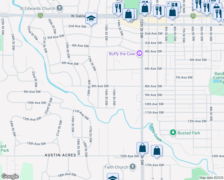 map of restaurants, bars, coffee shops, grocery stores, and more near 902 15th Street Southwest in Austin