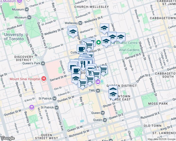 map of restaurants, bars, coffee shops, grocery stores, and more near 378 Yonge Street in Toronto