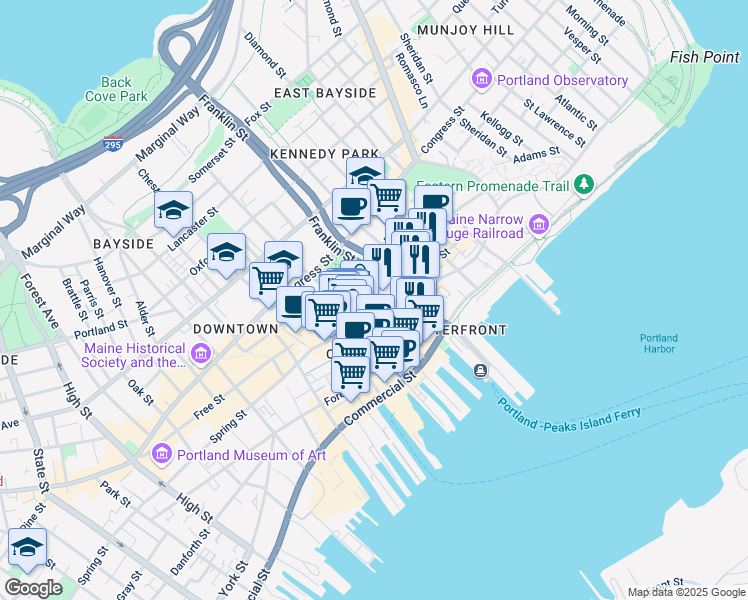 map of restaurants, bars, coffee shops, grocery stores, and more near 75 Market Street in Portland