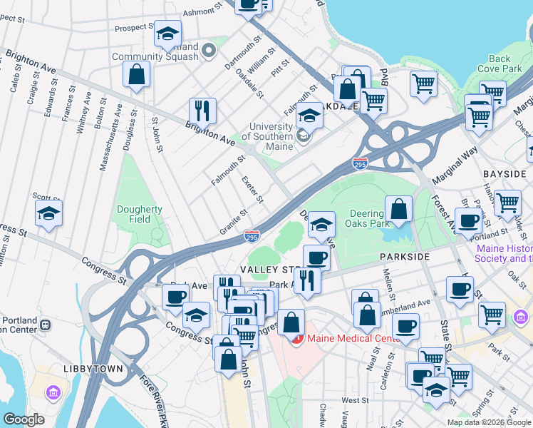 map of restaurants, bars, coffee shops, grocery stores, and more near 6 Exeter Street in Portland
