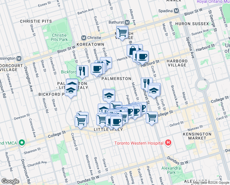 map of restaurants, bars, coffee shops, grocery stores, and more near 129 Ulster Street in Toronto
