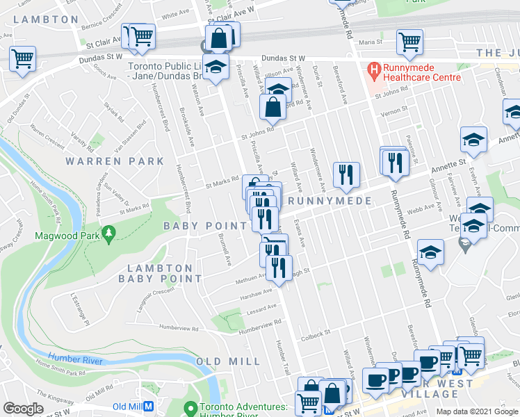 map of restaurants, bars, coffee shops, grocery stores, and more near 419 Jane Street in Toronto