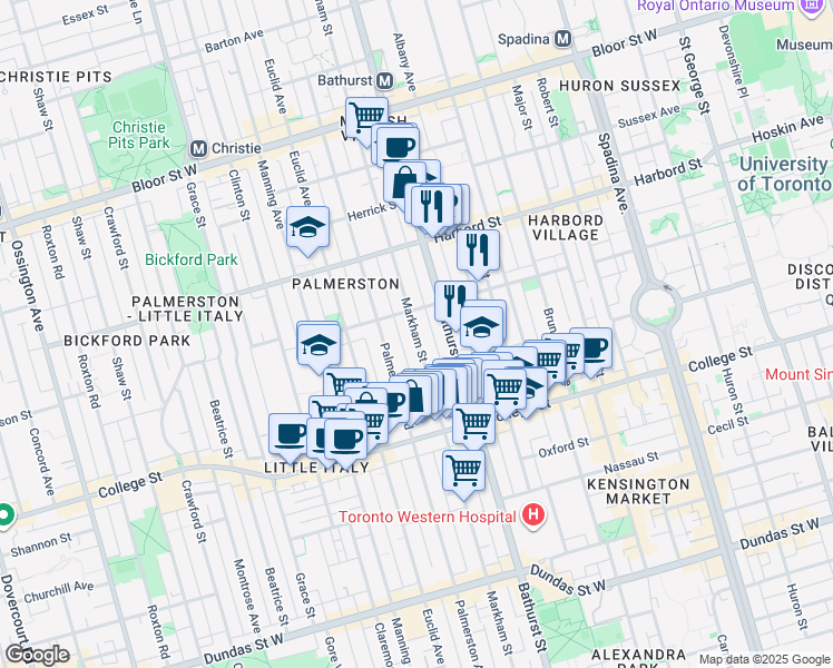 map of restaurants, bars, coffee shops, grocery stores, and more near 383 Markham Street in Toronto
