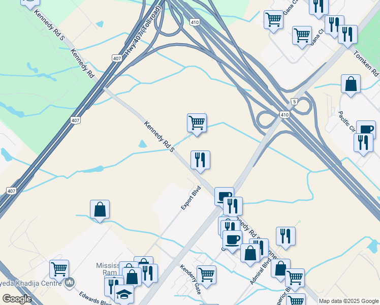 map of restaurants, bars, coffee shops, grocery stores, and more near 7111 Kennedy Road in Mississauga