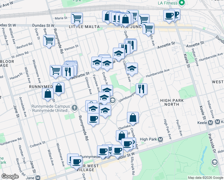 map of restaurants, bars, coffee shops, grocery stores, and more near 129 Evelyn Avenue in Toronto