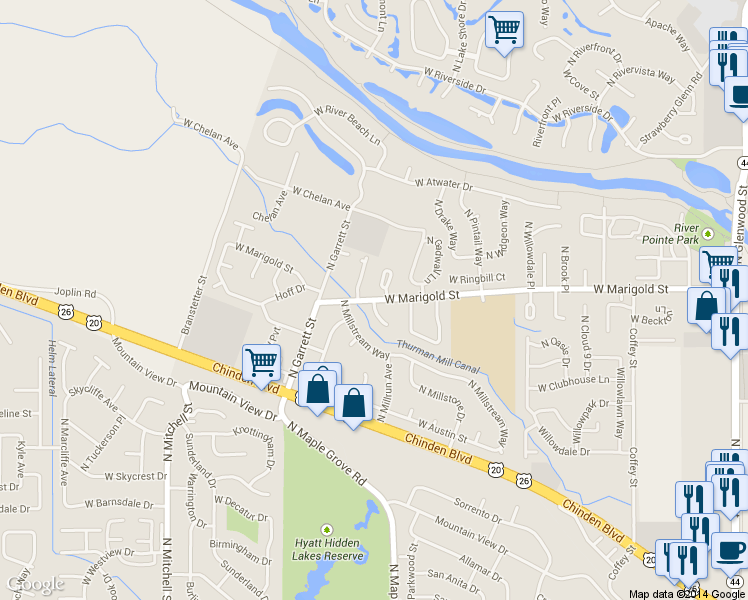 map of restaurants, bars, coffee shops, grocery stores, and more near 9098 West Marigold Street in Garden City