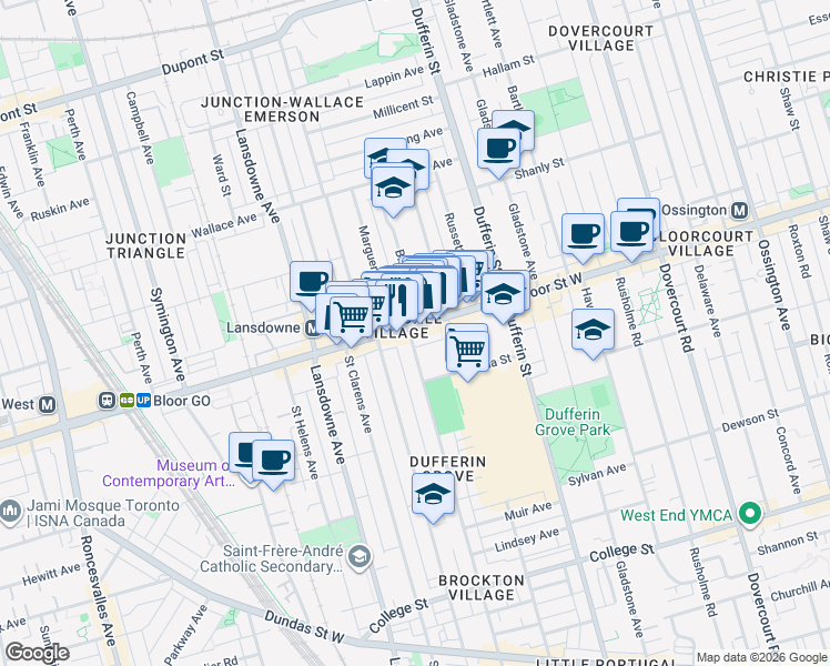 map of restaurants, bars, coffee shops, grocery stores, and more near 1177 A Bloor Street West in Toronto