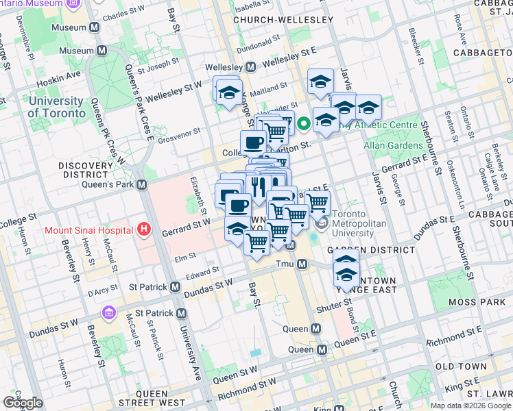 map of restaurants, bars, coffee shops, grocery stores, and more near 382 Yonge Street in Toronto
