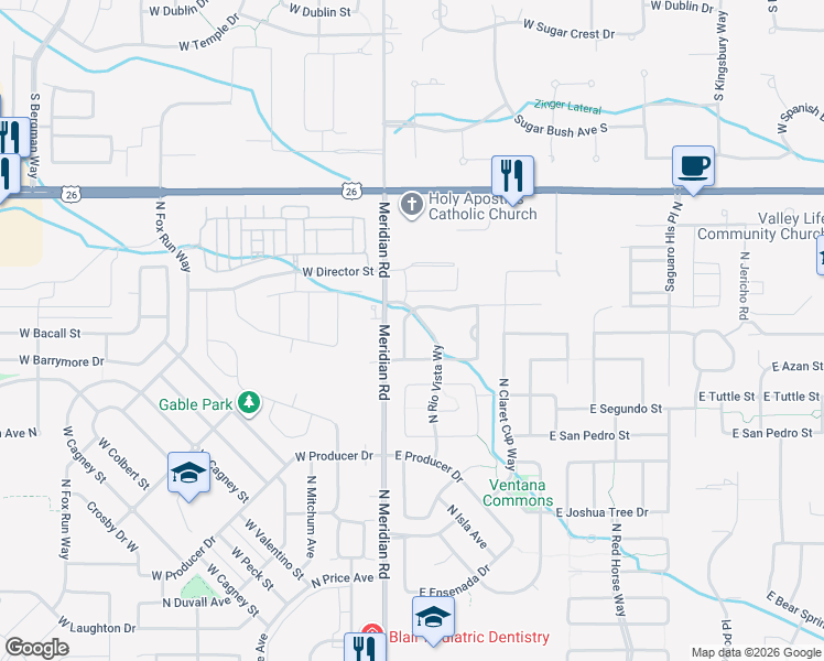 map of restaurants, bars, coffee shops, grocery stores, and more near 5974 North Beaham Avenue in Meridian