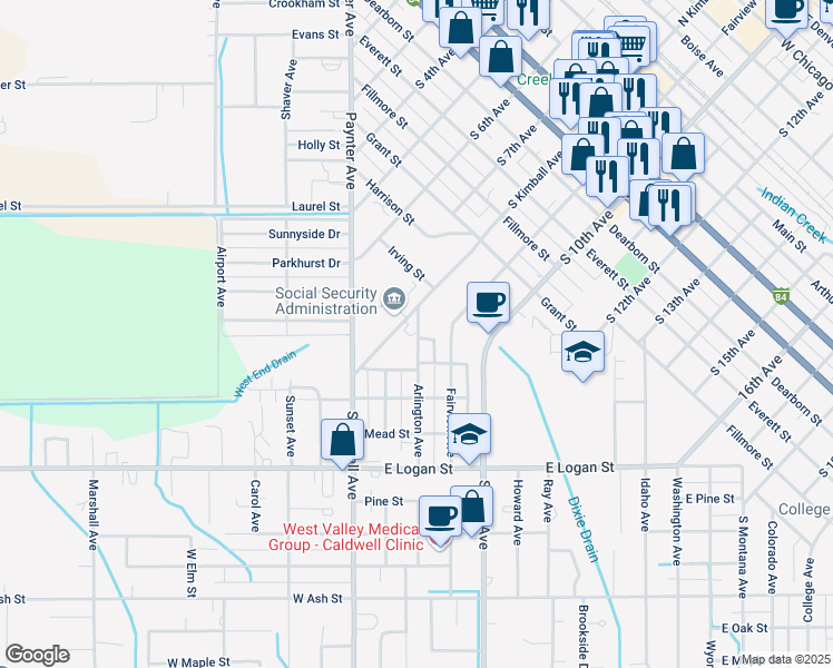 map of restaurants, bars, coffee shops, grocery stores, and more near 1304 Arlington Avenue in Caldwell