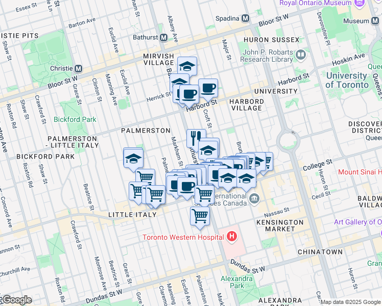 map of restaurants, bars, coffee shops, grocery stores, and more near 574 Bathurst Street in Toronto