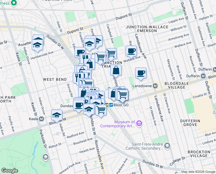 map of restaurants, bars, coffee shops, grocery stores, and more near in Toronto
