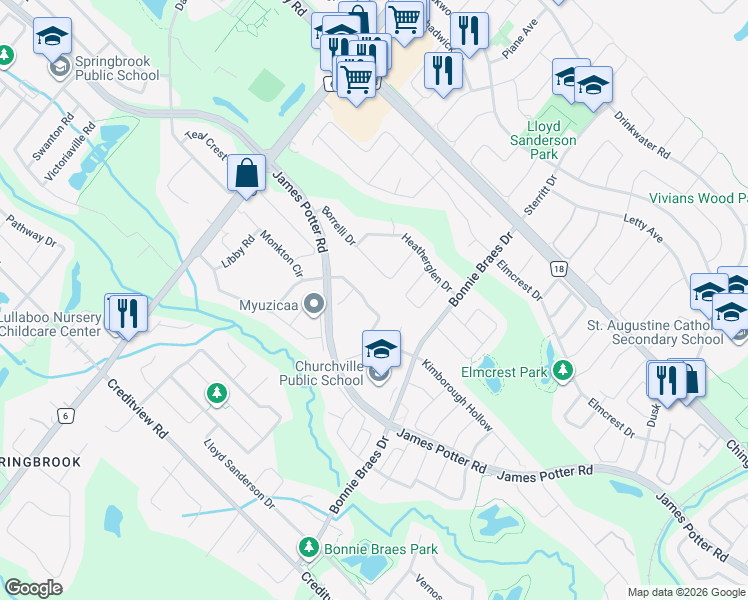 map of restaurants, bars, coffee shops, grocery stores, and more near 29 Timbercove Road in Brampton