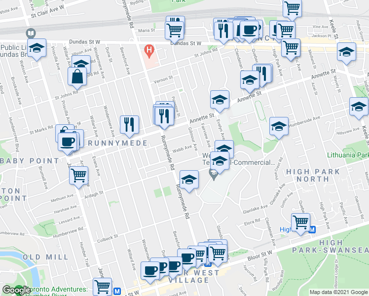 map of restaurants, bars, coffee shops, grocery stores, and more near Webb Avenue in Toronto
