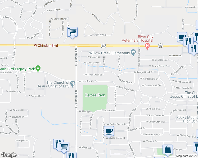 map of restaurants, bars, coffee shops, grocery stores, and more near 2900 West Lost Rapids Drive in Meridian