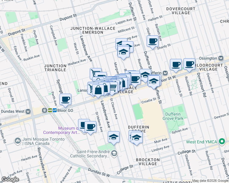 map of restaurants, bars, coffee shops, grocery stores, and more near in Toronto