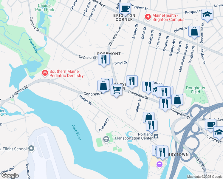map of restaurants, bars, coffee shops, grocery stores, and more near 1410 Congress Street in Portland