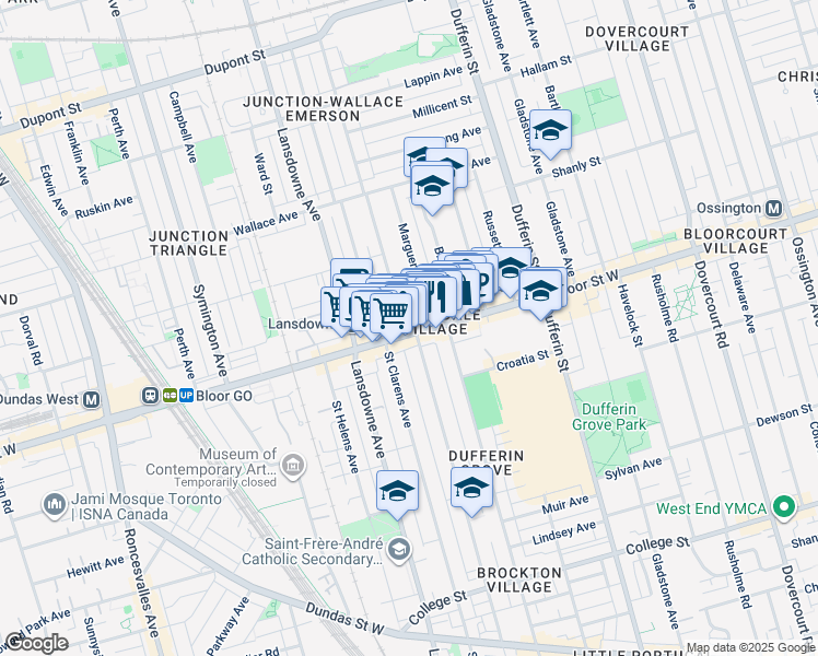 map of restaurants, bars, coffee shops, grocery stores, and more near 1262 Bloor Street West in Toronto