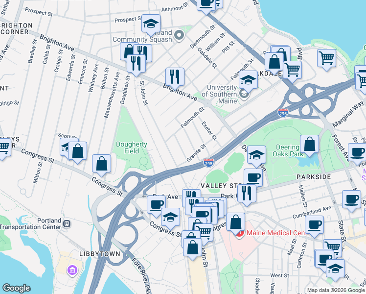 map of restaurants, bars, coffee shops, grocery stores, and more near 55 Roberts Street in Portland