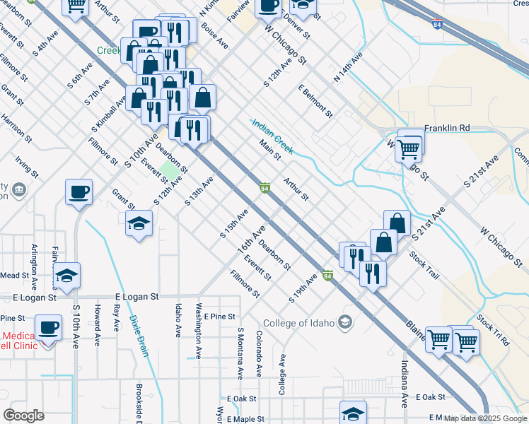 map of restaurants, bars, coffee shops, grocery stores, and more near 1515 Interstate 84 Business Loop in Caldwell
