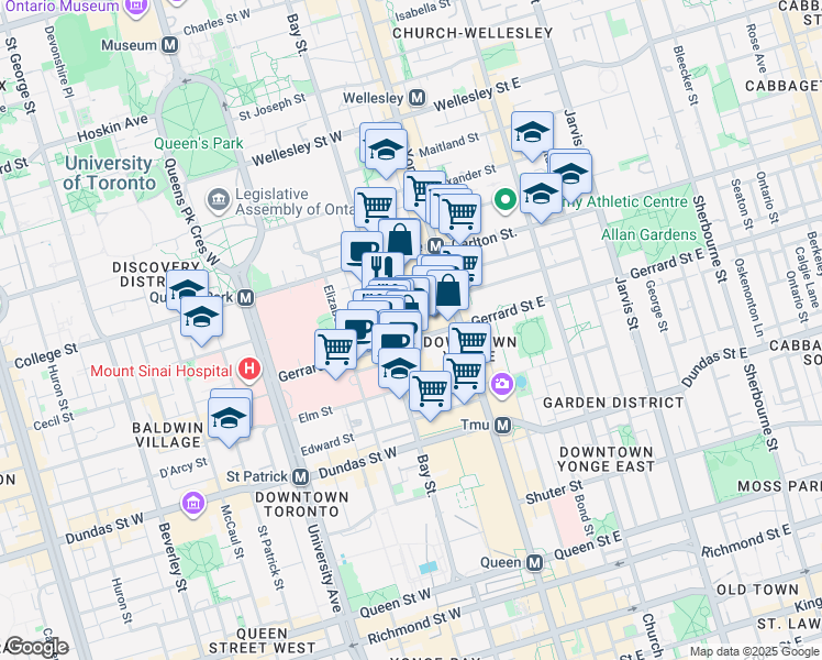map of restaurants, bars, coffee shops, grocery stores, and more near 44 Gerrard Street West in Toronto
