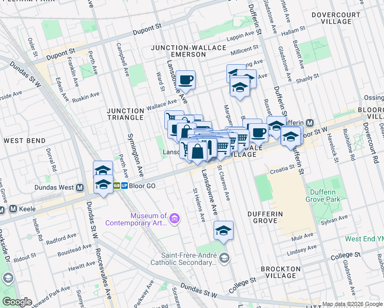map of restaurants, bars, coffee shops, grocery stores, and more near 17 Wade Avenue in Toronto