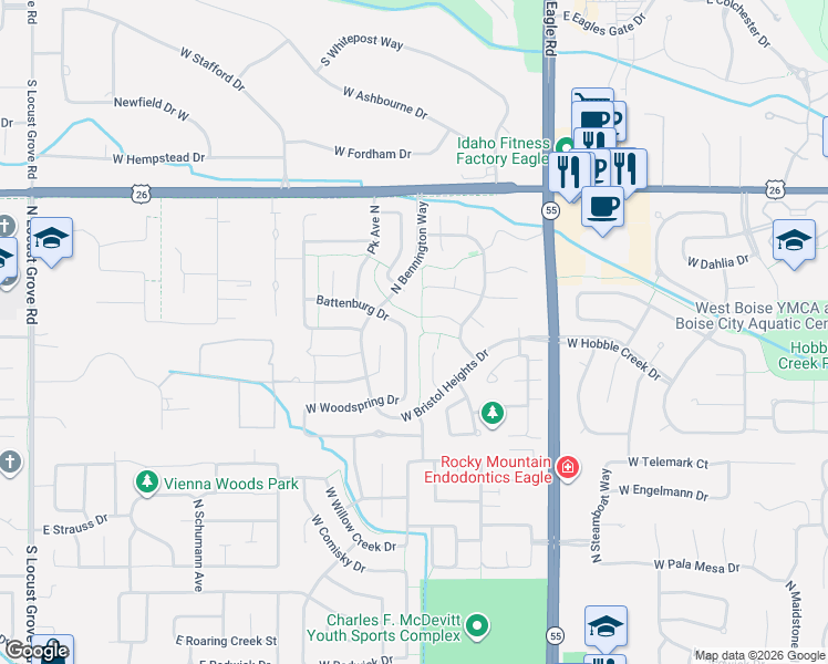 map of restaurants, bars, coffee shops, grocery stores, and more near 5960 North Rothmans Avenue in Boise