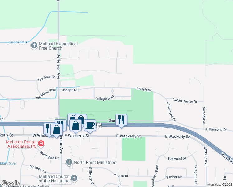 map of restaurants, bars, coffee shops, grocery stores, and more near 700 Village East Drive in Midland