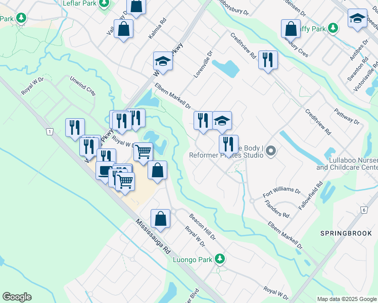 map of restaurants, bars, coffee shops, grocery stores, and more near 6 Canis Street in Brampton
