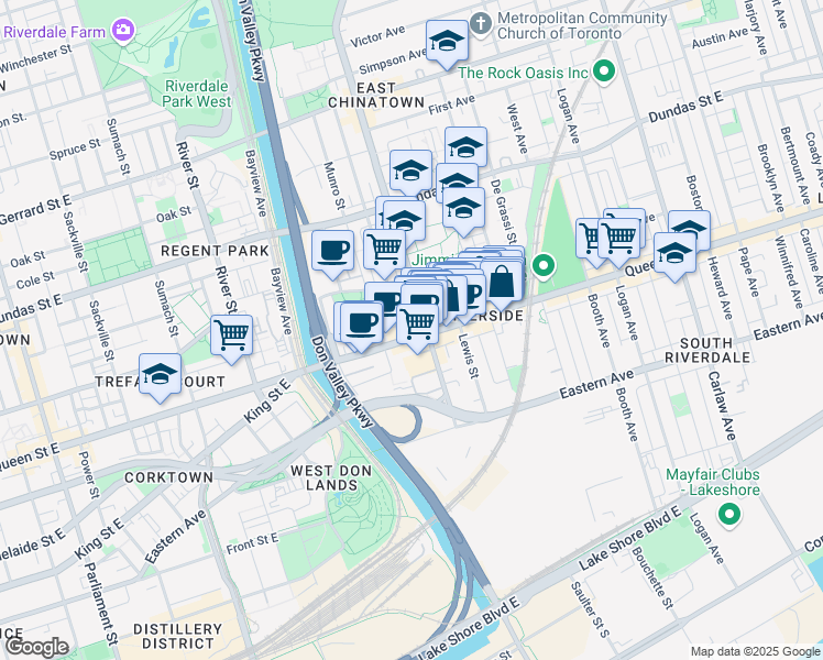 map of restaurants, bars, coffee shops, grocery stores, and more near in Toronto